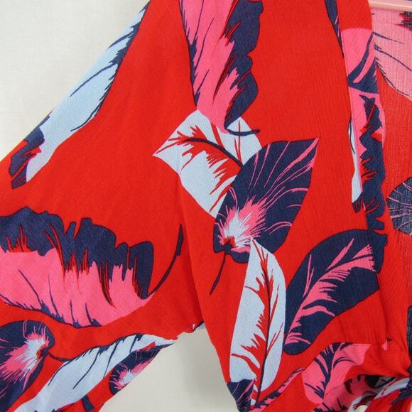 Express XS Tropical Floral Leaf Front Tie Crop Top with Flowy Sleeves Hawaiian - Picture 3 of 4